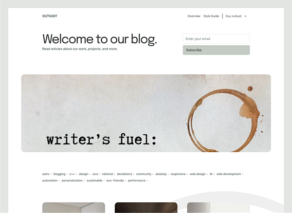 The image displays a blog interface for 'Outkast' featuring a welcoming message and various topics.