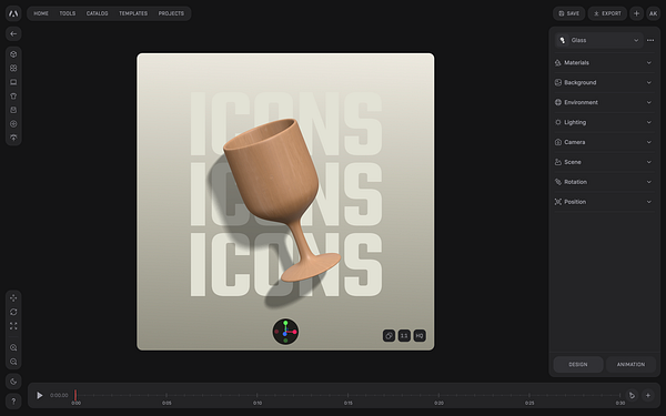 A 3D rendering of a wooden goblet is displayed on a design interface with various editing options.
