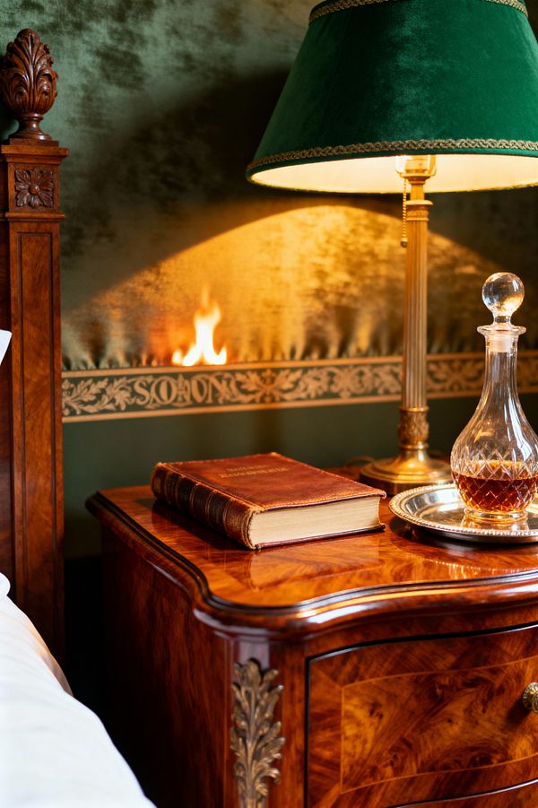 Close-up of a traditional bedroom nightstand in glossy burl wood with carved details, placed beside a matching headboard. A brass table lamp with a green velvet shade illuminates a leather-bound book and a cut-crystal decanter on a silver tray. The wall behind is deep green with a gold acanthus frieze, softly glowing with firelight from a nearby hearth. A sliver of white bedding is visible, completing the warm, classic scene.
