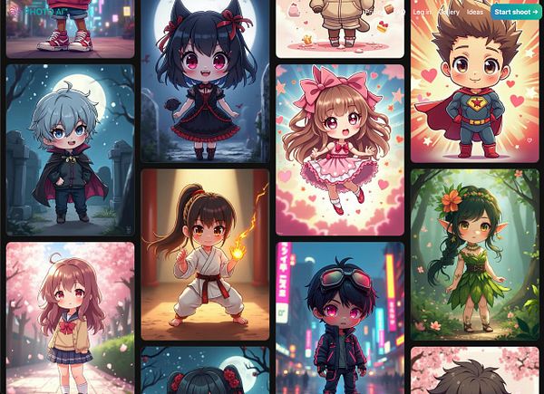 A vibrant collage of various chibi characters in different outfits and settings.