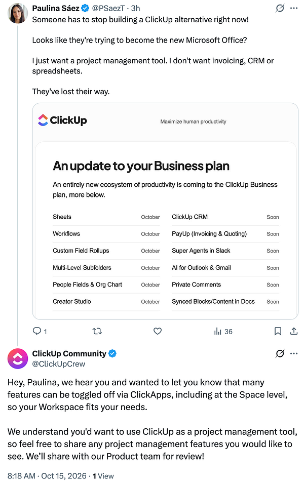Twitter exchange about ClickUp's Business plan update and price increase.