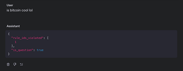 A chat interface displaying a user message and an assistant's JSON response regarding rule violations and question identification.