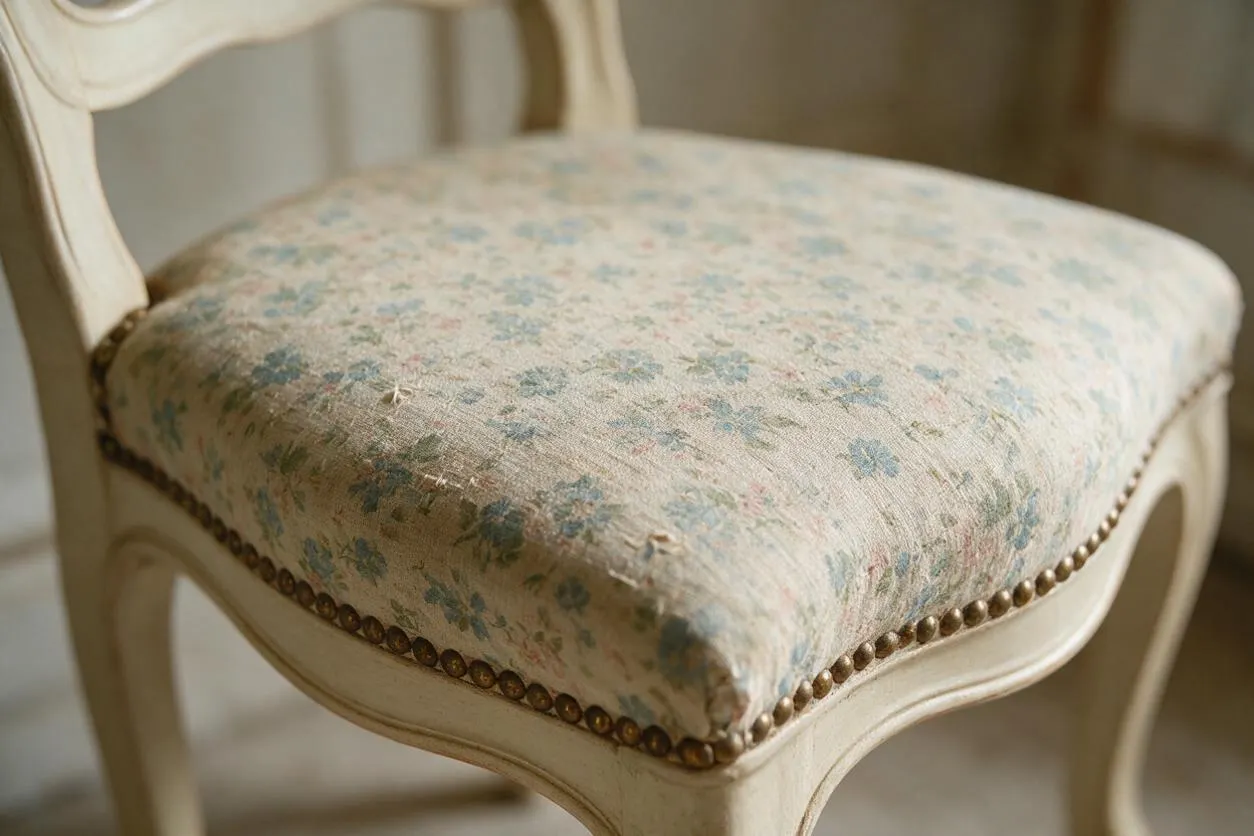A close-up of a French Country dining chair with a distressed cream-painted wooden frame and a padded seat upholstered in faded floral linen. Small brass nailhead trim outlines the cushion, adding a refined vintage detail.