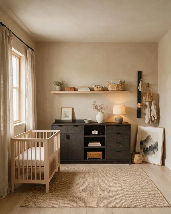 A serene nursery with a light wood crib near a window with sheer curtains, a dark wood dresser against a beige wall, and a neutral woven rug on the floor. Simple shelves hold baskets, books, and small decor, creating a calm Japandi-inspired space.