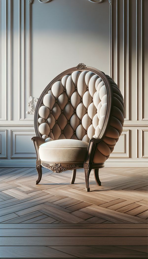 A stylish living room featuring a Balloon Back Chair with a plush, upholstered seat and ornate wooden frame, highlighting its distinctive curved backrest that mimics the shape of a balloon.