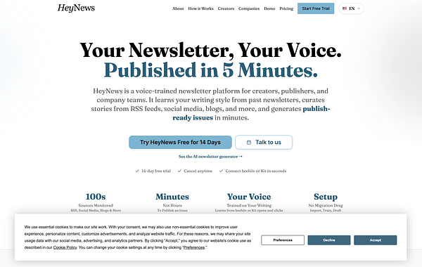 Homepage of HeyNews showcasing its newsletter platform features with a Termly consent banner at the bottom.