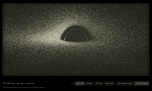 Interactive 3D visualization of a black hole based on Jean-Pierre Luminet's 1979 imagery showing a luminous accretion disk and gravitational lensing effects.