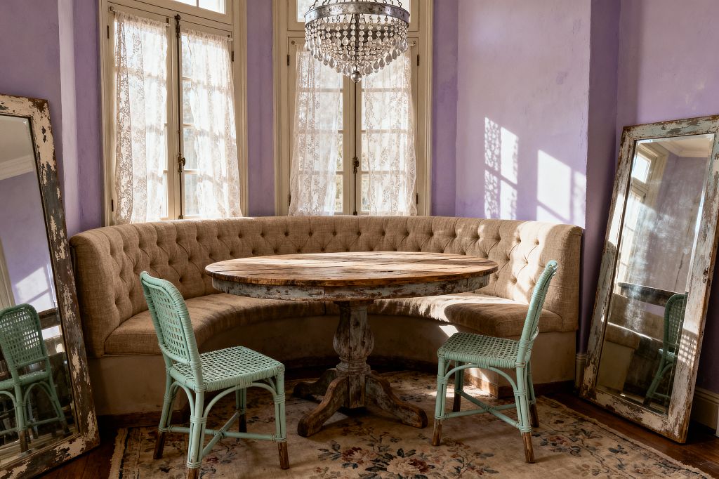 Dining nook with a curved tufted beige banquette surrounding a round distressed wood pedestal table, accented by two mint green rattan chairs. Lavender walls and tall French windows with lace curtains cast patterned light. A crystal-beaded chandelier hangs above, and two large leaning mirrors with chipped frames flank the seating. A faded floral rug lies over aged wood flooring.