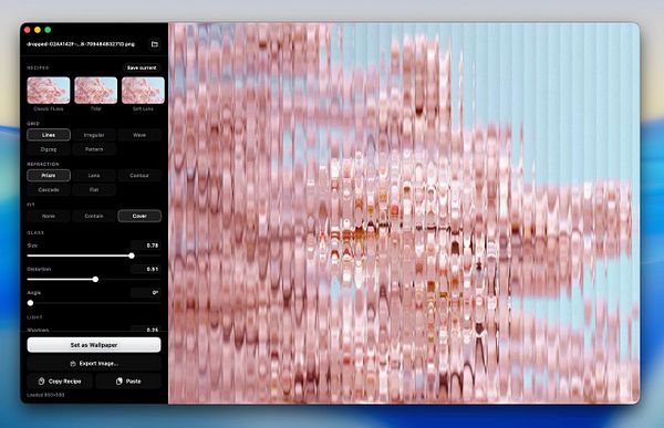 macOS desktop showcasing a custom wallpaper generation app interface alongside a stylized 3D wallpaper preview.