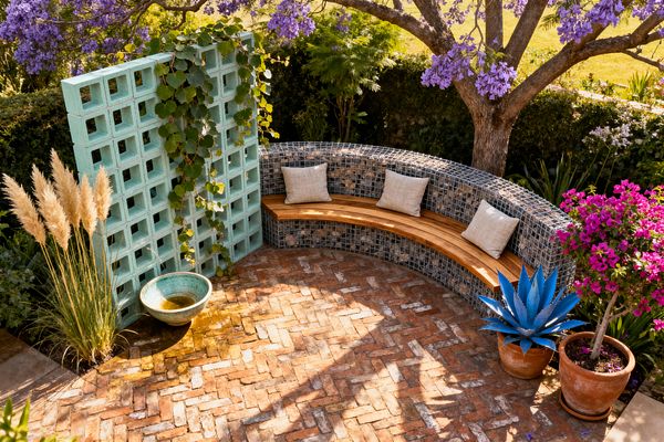 A sunlit patio under a blooming jacaranda shows a curved bench built from stone-filled gabion forms clad with blue mosaic tile, topped with slatted wood and four beige cushions. The herringbone brick paving leads to a mint aqua breeze-block screen draped with a vine, a small glazed bowl fountain, and beds of pampas grass. Terracotta planters hold a blue agave and magenta bougainvillea, bordered by dense hedging.