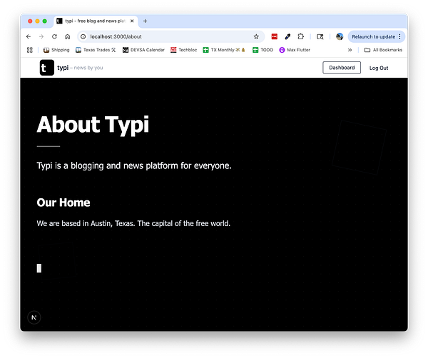 The image displays a webpage titled 'About Typi' with a dark background and bold text.