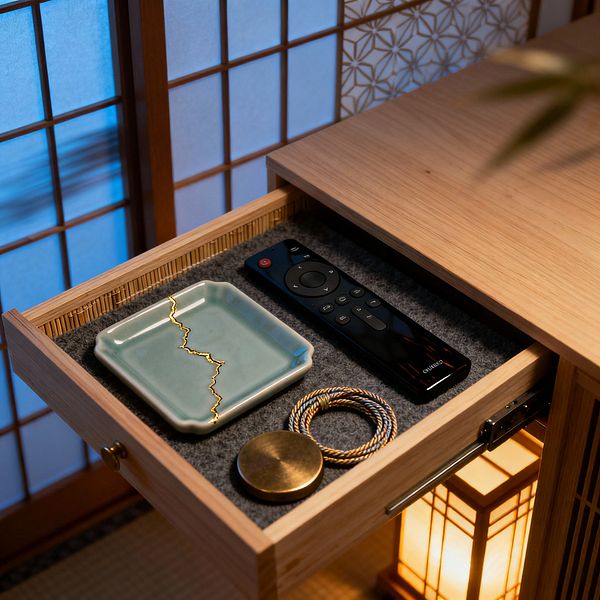 A close-up of a Japanese Zen media console shows an open oak drawer lined with dark gray felt. Inside are a celadon ceramic dish with a gold kintsugi-style crack, a sleek black streaming remote, a round brass piece, and a small braided cord ring. Behind the drawer, wood-grid shoji screens glow blue, while a paper lantern within the cabinet casts warm light across tatami and vertical slats, creating an orderly, minimalist atmosphere.