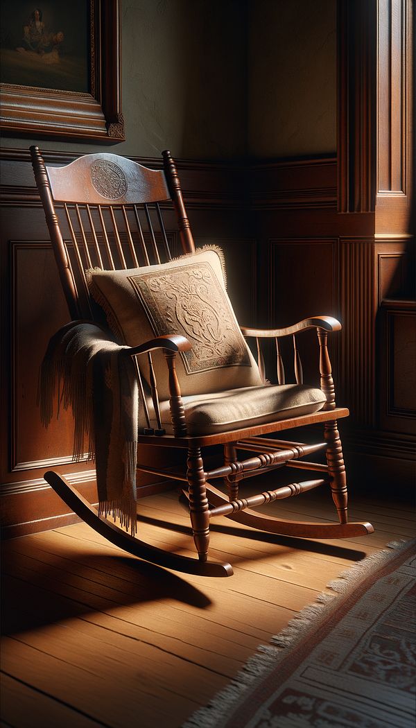 A traditional Boston Rocker placed in a cozy, well-lit corner of a room, with a decorative cushion on the seat and a plush throw over the backrest.
