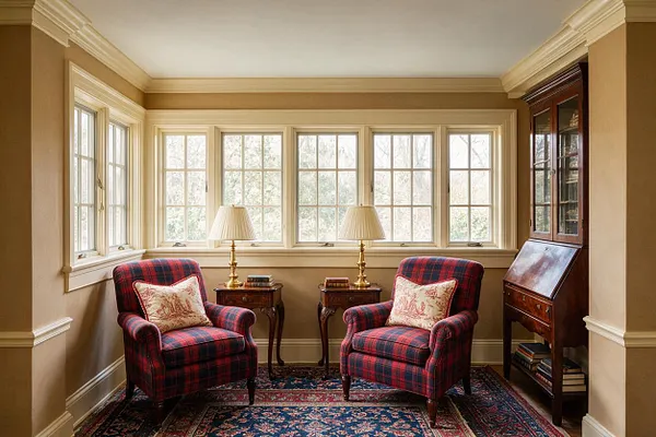 A traditional sunroom with beige walls, cream trim, and a row of multi-pane windows filling the space with daylight. Two red and navy plaid armchairs sit on a patterned oriental rug, flanked by small wooden side tables with brass lamps, while a mahogany secretary desk and built-in cabinet add classic charm.