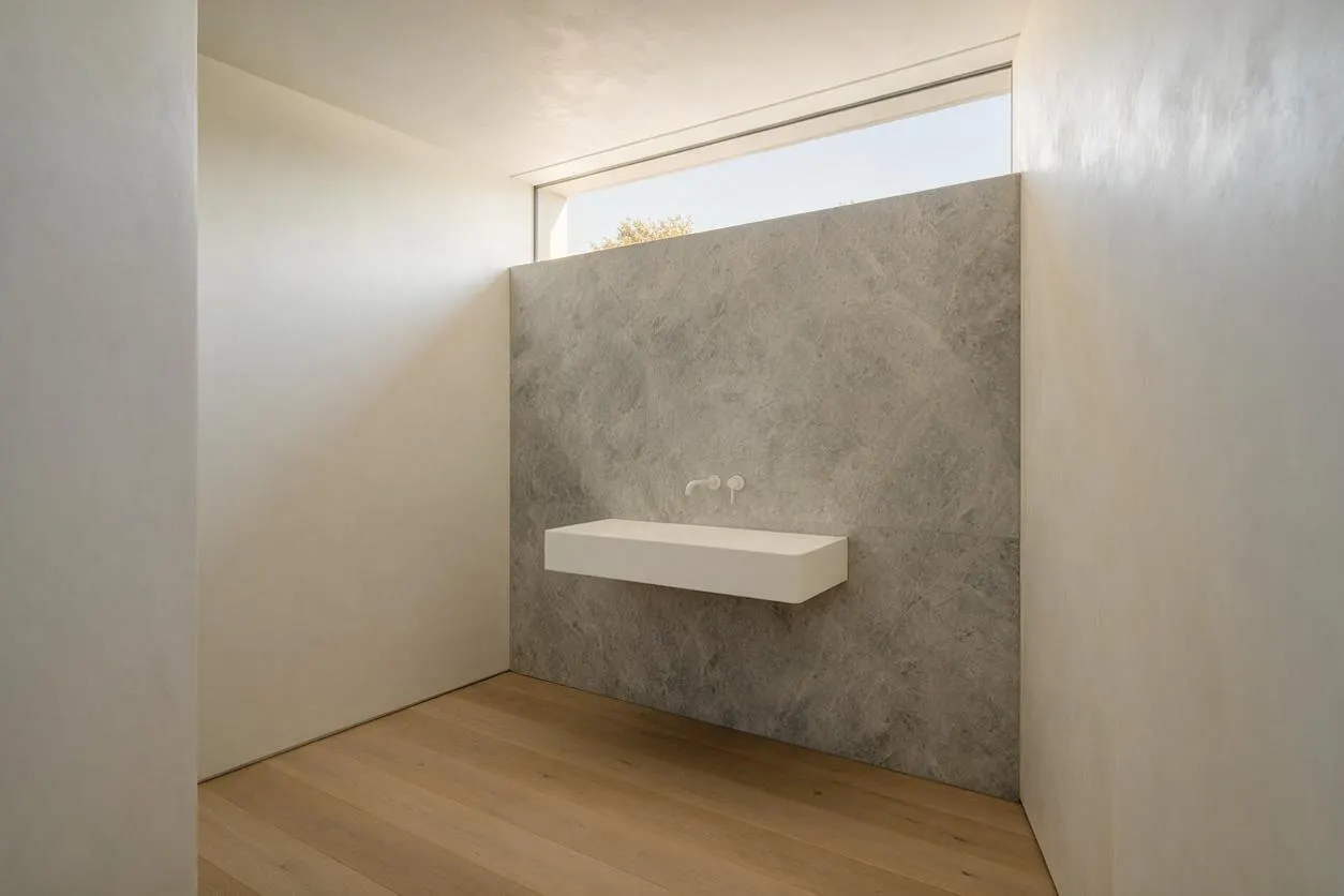A sparse minimalist powder room with white walls, a light wood floor, and a textured gray stone feature wall at the far end. A simple floating white rectangular sink is mounted on the feature wall beneath a narrow horizontal window that brings in daylight.