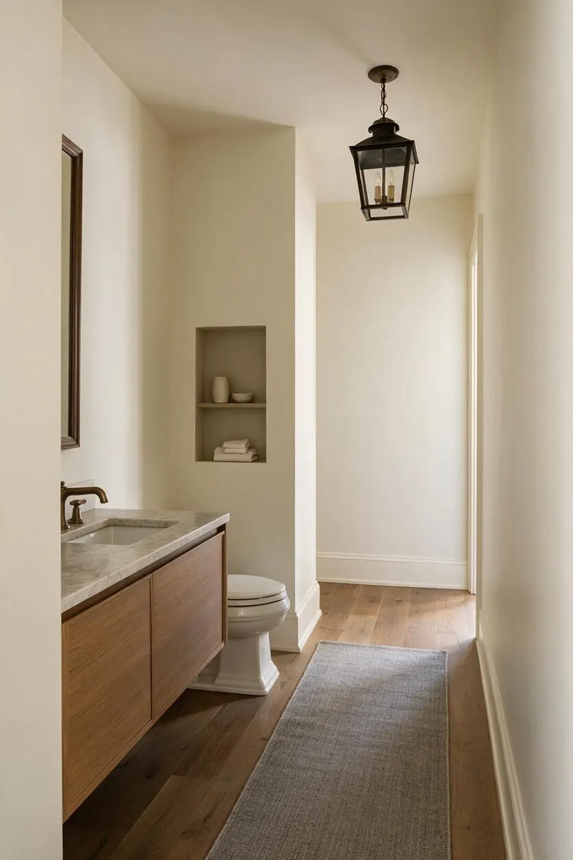 A narrow transitional powder room with creamy walls, a floating wood vanity topped with light stone, a white toilet, and a recessed niche shelf for towels and decor. A black lantern pendant hangs overhead above warm wood floors and a muted gray runner rug.