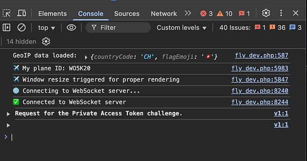 The image displays a console log from a web development tool showing GeoIP data and WebSocket connection status.