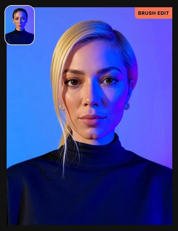 A close-up portrait of a woman with blonde hair, set against a gradient blue background.