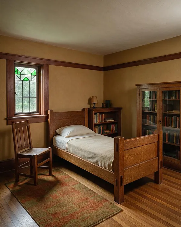 A cozy Craftsman-style bedroom with a single wooden bed, a matching chair, a small bookcase, and a glass-front cabinet filled with books. Warm tan walls, dark wood trim, a stained glass window, and a patterned rug create a calm, traditional atmosphere.