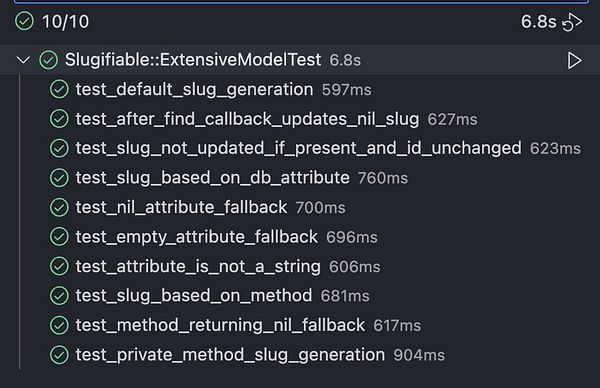 The image displays the results of a minitest test suite for the Slugifiable gem.