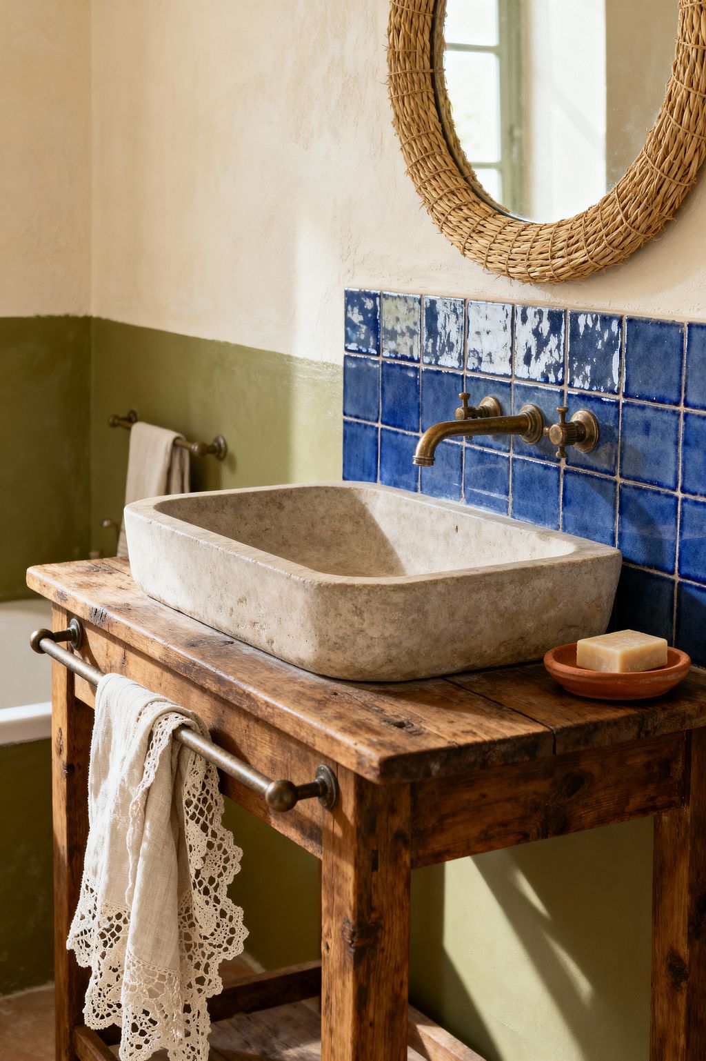 Close-up of a rustic French Country bathroom vanity with a square limestone vessel sink set on a weathered wood table. Cobalt blue handmade tiles back a patinated brass wall-mounted faucet, with a woven rattan round mirror above; the two-tone walls show warm cream plaster over olive limewash, and a linen towel with lace hangs from a brass rail beside a terracotta soap dish.