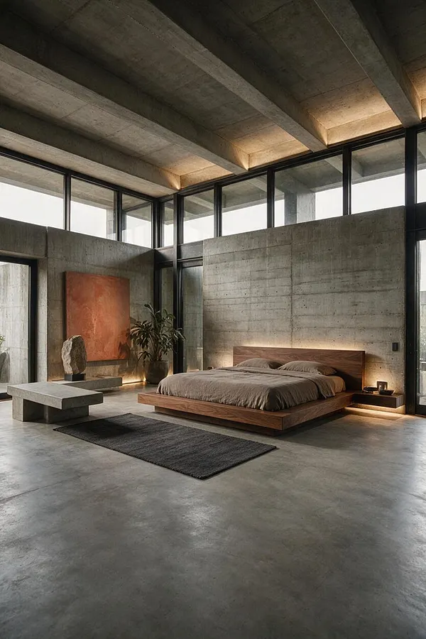 A spacious brutalist bedroom with exposed concrete walls and ceiling beams, floor-to-ceiling black-framed windows, and a low wooden platform bed dressed in neutral bedding. A concrete bench, sculptural stone accent, abstract wall art, and soft recessed lighting add warmth to the stark industrial space.