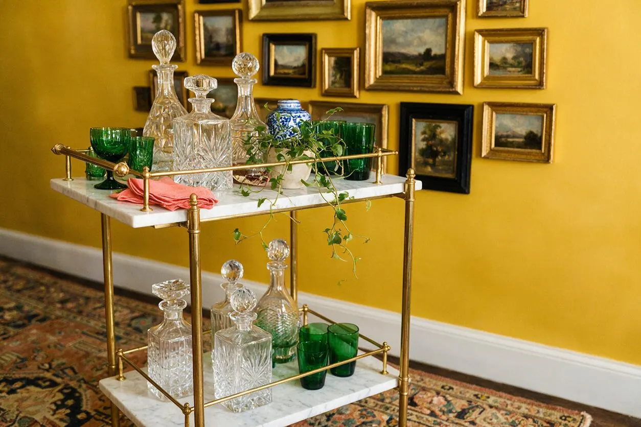 A brass bar cart with white marble shelves is styled with cut-crystal decanters, green glassware, a small potted vine, and a folded pink napkin. It sits in front of a mustard-yellow wall filled with a clustered gallery of small framed landscape paintings and above a patterned rug.