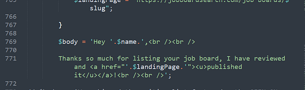 The image displays a code snippet for generating an email body in a programming context.