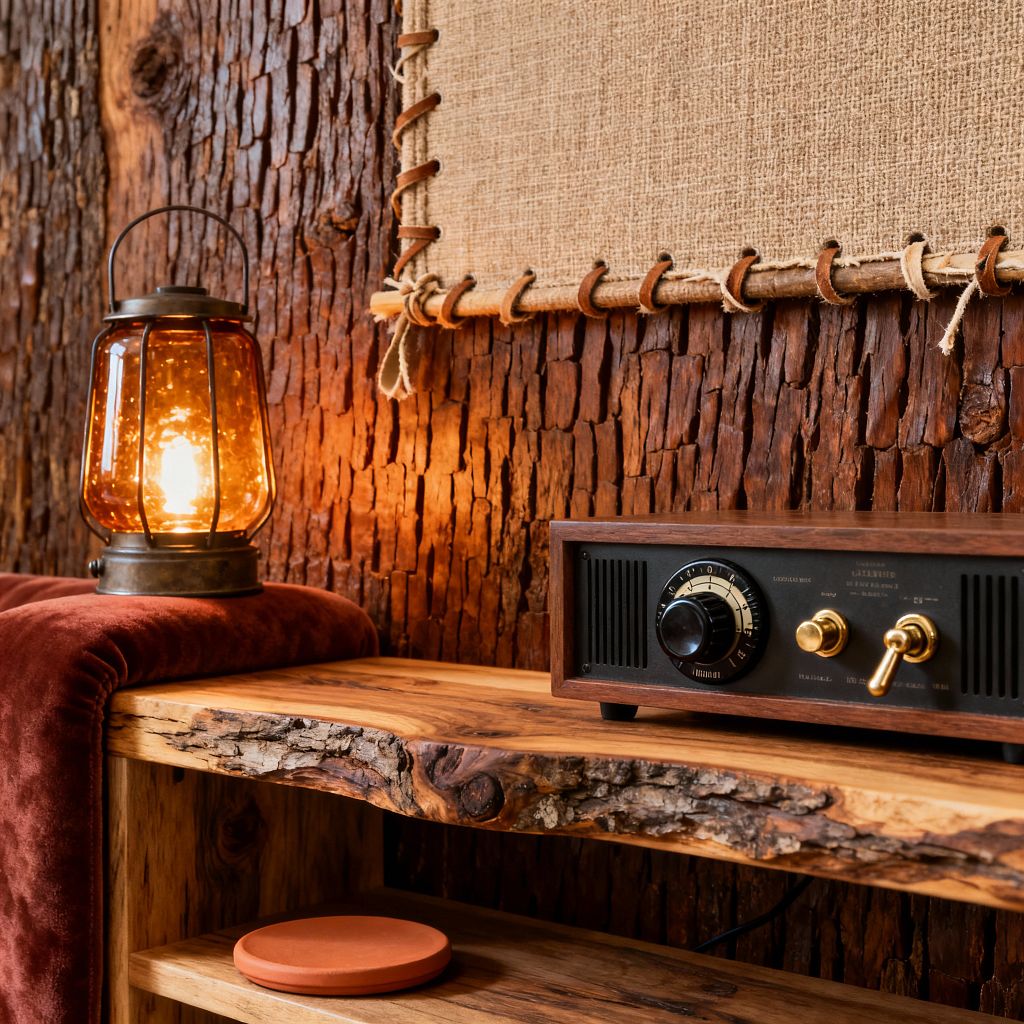 Close-up of a rustic media room vignette with a live-edge wood shelf set against a textured bark wall. An amber glass lantern glows beside a vintage-style receiver in a wood case with a black face and brass knobs; above hangs a burlap panel laced with twine, while a rust velvet throw and a small terracotta coaster add warm, earthy accents.