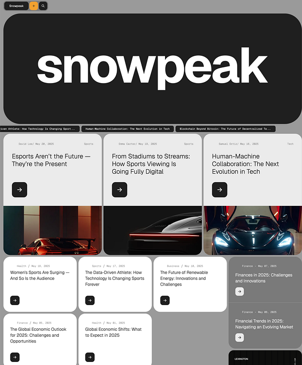 The image displays a modern blog and podcast template titled 'Snowpeak' featuring various articles and topics.