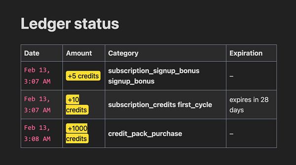 The image displays a ledger status table detailing credit transactions.