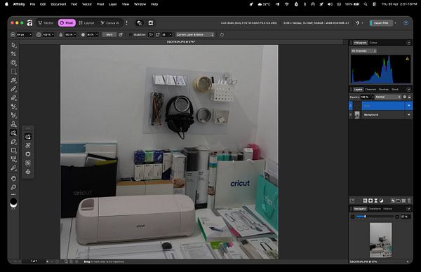 Screenshot of Affinity Photo editing software showing a workspace with an image of a woman and a historical portrait layered.