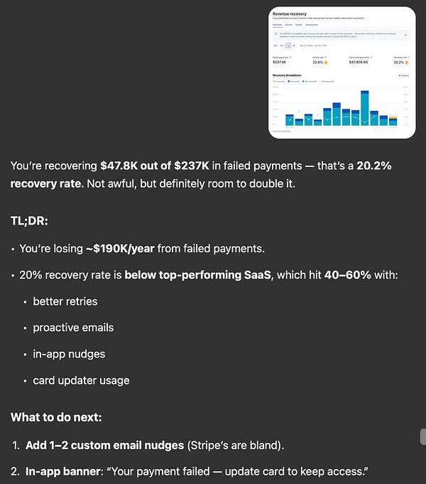 The image presents a report on failed payment recovery rates and strategies for improvement.