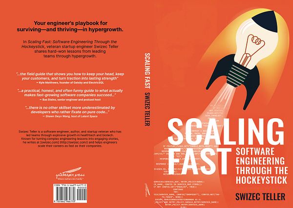 The image features the back cover of the book 'Scaling Fast: Software Engineering Through the Hockeystick' by Swizec Teller.