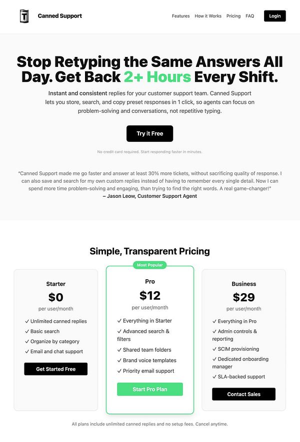 The image displays a promotional webpage for a customer support tool called Canned Support, highlighting its features and pricing plans.