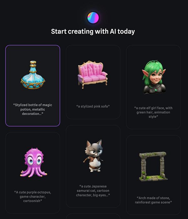 The image showcases a grid of stylized 3D character and object designs generated by an AI tool.