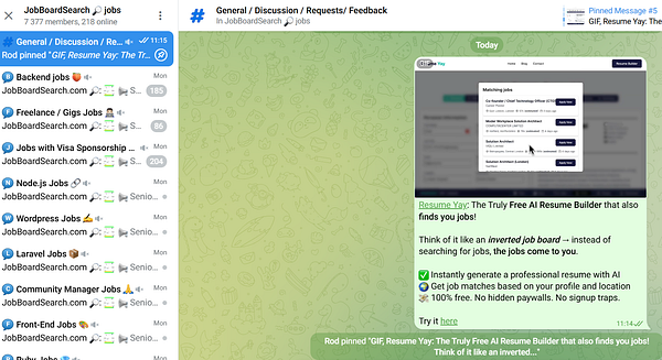 The image displays a Telegram chat interface featuring a pinned message about a new job matching service called Resume Yay.