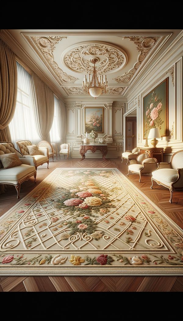 A elegant living room showcasing a large Aubusson carpet with intricate floral designs, enhancing the room's luxurious and classical ambiance.