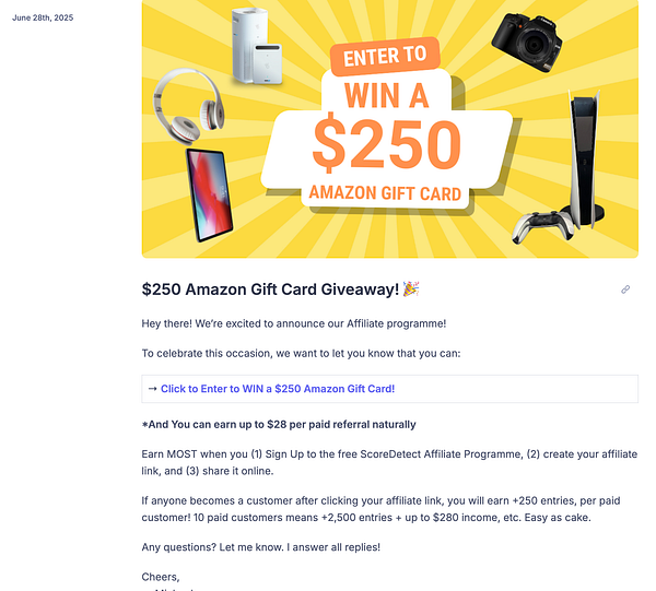 A promotional announcement for a $250 Amazon Gift Card giveaway, featuring various electronic items and details about an affiliate program.
