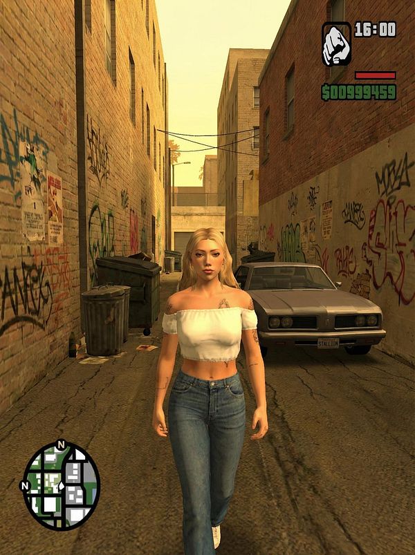 A character walks through a graffiti-covered alley in a video game environment.