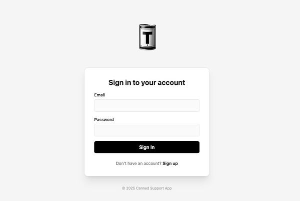 The image displays a login interface for the Canned Support App featuring a new logo.