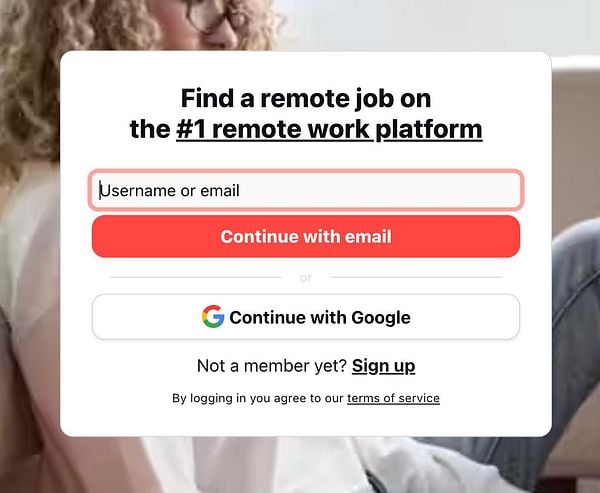 The image displays a login interface for a remote job platform.