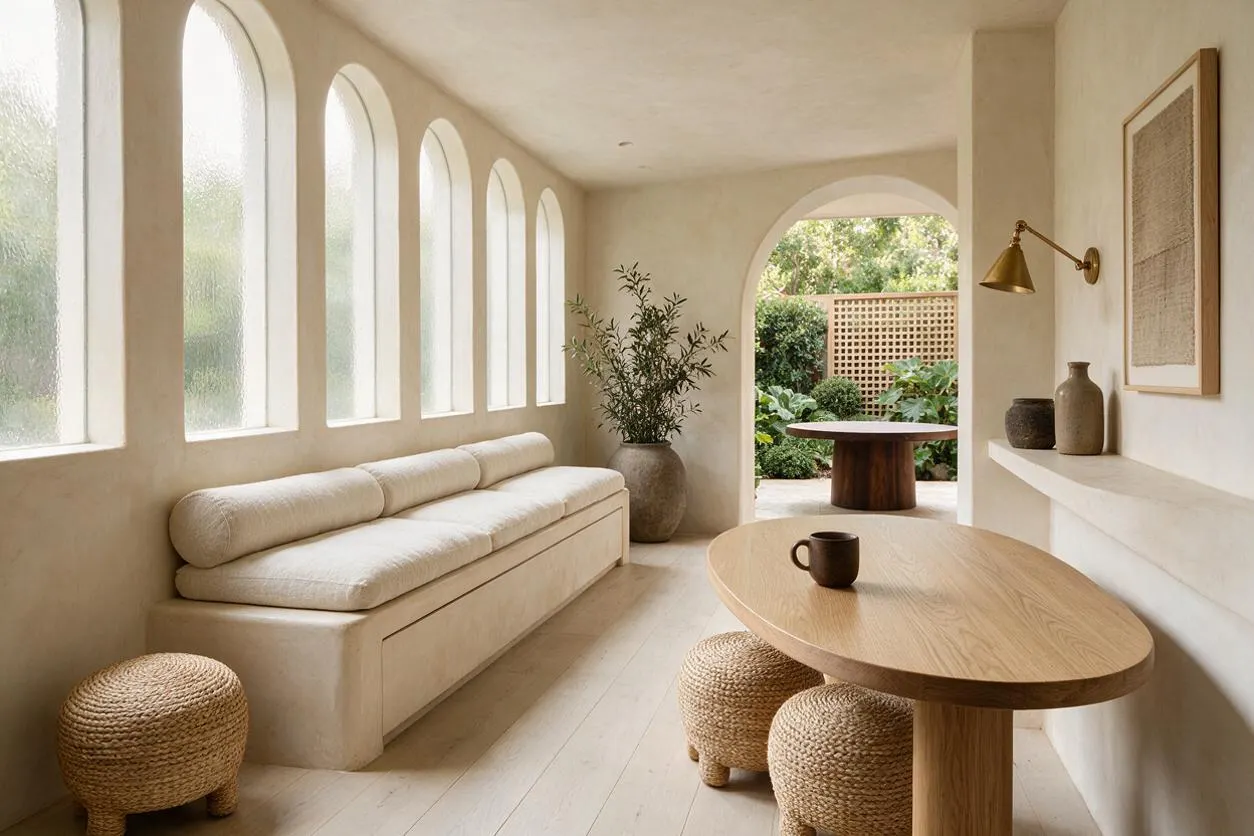 A serene patio lounge with a long cream built-in sofa beneath tall frosted arched windows, a rounded oak table with woven stools, and an arched opening to lush greenery outside. Soft beige plaster walls, a textured rug-free floor, ceramic vases, and a brass wall sconce create a warm Organic Modern atmosphere.