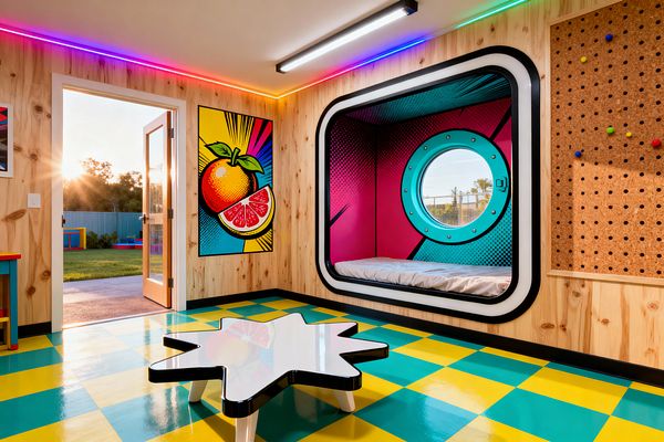 A kids’ room with knotty pine walls features a built-in alcove bed outlined in black, lined with magenta and teal comic-style graphics and a round porthole window. The glossy floor is a teal and yellow checkerboard. A white starburst coffee table sits in the center. A large framed citrus pop-art print hangs near a glass door to the yard. Color-changing LED strips trace the ceiling and a perforated pegboard wall holds colorful pegs.