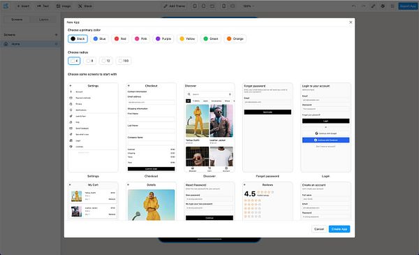 A user interface for creating a new app with options for color, radius, and screen selection.