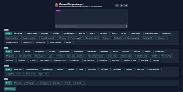 The image displays a user interface for the Canned Support App, showcasing various preset messages for customer support.