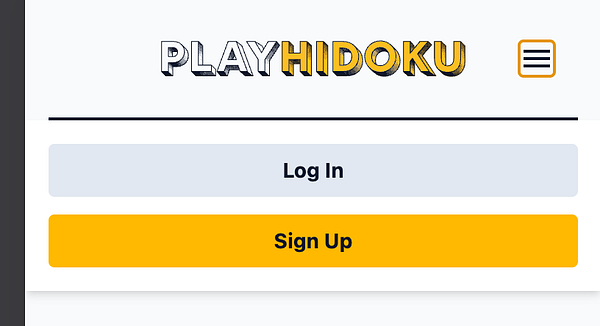 The image displays a website interface for 'Play Hidoku' featuring a logo and buttons for user login and signup.