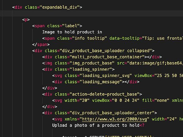 The image displays a snippet of HTML code related to a product upload feature.