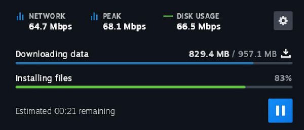 The image displays a Steam download progress interface showing data downloading and installation status.