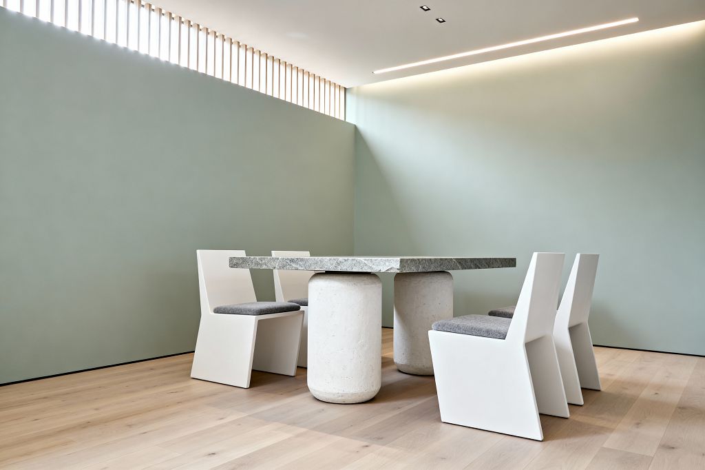 A minimalist dining room features a rectangular green-gray stone table on two rounded concrete pedestal bases, surrounded by four white angular chairs with gray upholstered seat pads. The space has soft sage green walls, wide light oak plank flooring, a high clerestory window with vertical wood slats, and linear recessed ceiling lighting that spreads an even, gentle glow across the uncluttered, contemporary setting.